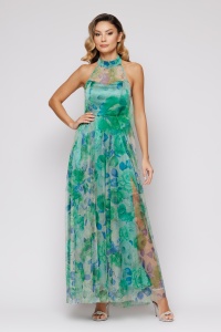Rochie 'Marissa' lungă verde din satin și tulle imprimat