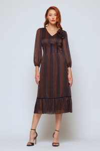 Rochie 'Mathilde 'din voal satinat cupru bleumarin și floare