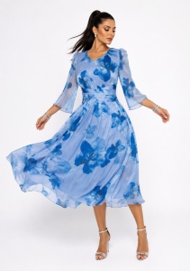 Rochie midi bleu cu imprimeu floral albastru și talie drapată - Img 4