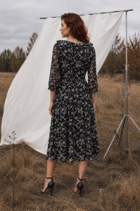 Rochie midi din voal cu imprimeu floral alb-negru și volane - Img 3