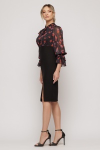Rochie neagră cu imprimeu floral și guler tip fundă - Img 2