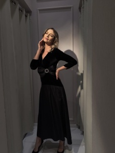 Rochie 'Patricia' din catifea și tafta cu fundă detașabilă - Img 1