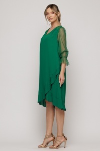 Rochie verde închis cu mâneci din tulle sidefat si volane asimetrice - Img 2