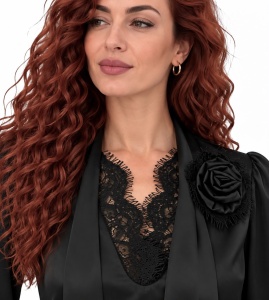 Bluză elegantă neagră cu fundă și floare 3D - Img 4