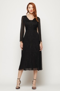 Rochie 'Alana' neagră din voal plisat sidefat
