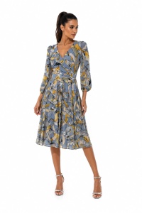 Rochie bleu petrol din voal cu print floral abstract