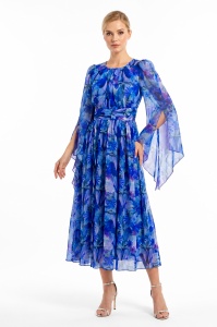 Rochie 'Celeste' din mătase naturală cu imprimeu floral albastru și mâneci fluture - Img 3