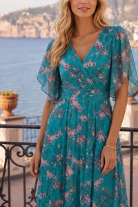 Rochie 'Elia' turquoise din voal imprimat cu reflexii sidefate - Img 4