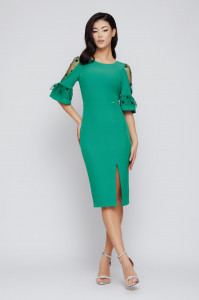 Rochie 'Ivy' verde conică cu șliț și inserții din tulle - Img 1