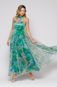 Rochie 'Marissa' lungă verde din satin și tulle imprimat - Img 2