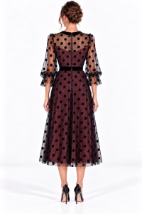 Rochie midi bordeaux cu tulle negru și buline - Img 2