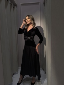 Rochie 'Patricia' din catifea și tafta cu fundă detașabilă - Img 2