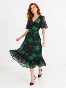 Rochie 'Sonia' din voal cu imprimeu floral verde și volan