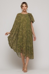 Rochie verde olive asimetrică cu volănaș pe umăr - Img 2