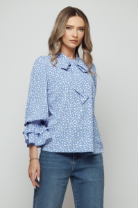 Bluză 'Celeste' print bleu cu fundă și volane - Img 3