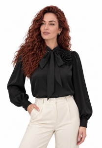 Bluză elegantă neagră cu fundă și floare 3D