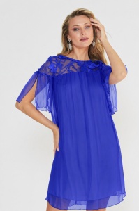 Rochie albastru royal din mătase naturală cu inserție din dantelă cu paiete