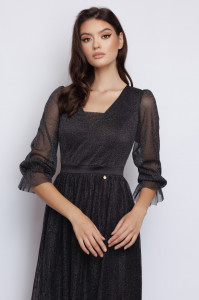 Rochie 'Daphne' neagră cu pliseuri din tulle sidefat - Img 3