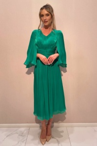 Rochie 'Elara' verde smarald din voal satinat cu mâneci ample - Img 3