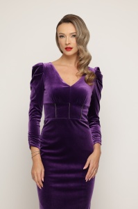 Rochie 'Elisa' mov din catifea cu umeri proeminenți