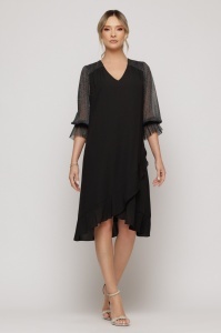 Rochie 'Ivonne' neagră cu mâneci din tulle sidefat