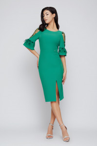 Rochie 'Ivy' verde conică cu șliț și inserții din tulle - Img 2
