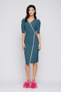 Rochie 'Karen' asimetrică turquoise cu umeri proeminenți - Img 2