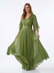 Rochie lungă verde olive din voal satinat
