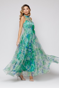 Rochie 'Marissa' lungă verde din satin și tulle imprimat - Img 3