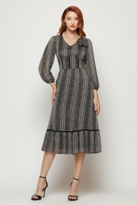 Rochie 'Mathilde 'din voal satinat alb negru și floare - Img 2
