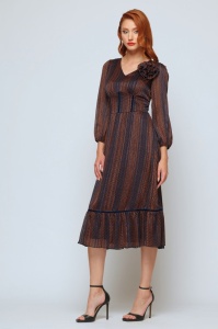 Rochie 'Mathilde 'din voal satinat cupru bleumarin și floare - Img 4