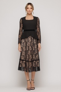 Rochie midi elegantă cu dantelă florală și aplicație peplum - Img 2