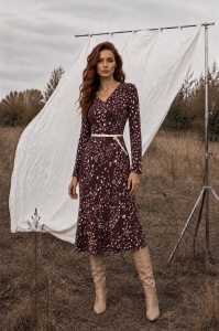 Rochie midi grena cu imprimeu abstract și curea detașabilă