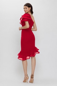 Rochie 'Rosalia' roșie asimetrică cu rijelină - Img 3