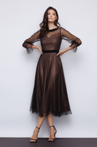 Rochie 'Selene' bronz închis si tulle sidefat - Img 4