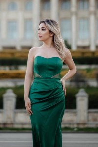 Rochie 'Serena' verde din tafta și inserții din tulle sidefat - Img 4