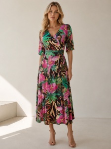 Rochie 'Sole' midi din vâscoză cu imprimeu tropical floral