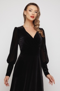 Rochie 'Sophia' evazată din catifea cu mâneci din plasă - Img 5