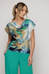 Top satinat cu print multicolor și decolteu drapat - Img 5