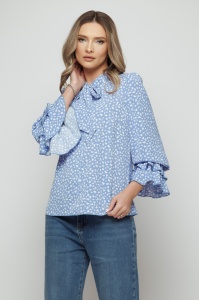 Bluză 'Celeste' print bleu cu fundă și volane - Img 4
