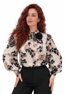 Bluză elegantă din voal satinat imprimat și floare 3D - Img 2