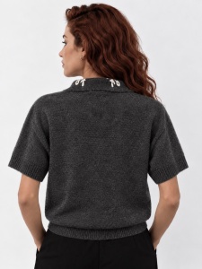 Bluză gri cu broderie florală contrastantă din tricot cu alpaca - Img 2