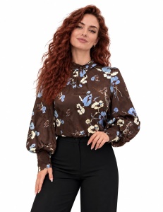 Bluză maro din vascoza cu imprimeu floral bleu și elastic în talie - Img 2