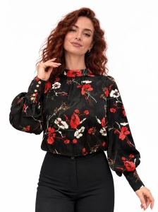 Bluză neagră din vâscoză cu imprimeu floral roșu și elastic în talie - Img 2