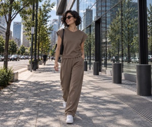 Pantaloni ampli maro taupe cu talie elastică - Img 4