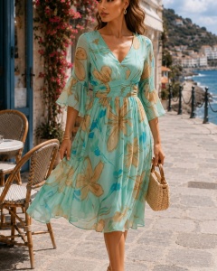 Rochie 'Arielle' turquoise din voal mătăsos cu imprimeu floral - Img 3