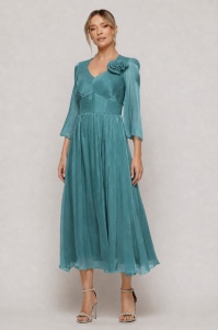 Rochie 'Ava' vernil din voal sidefat cu floare decorativă - Img 3