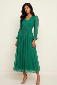 Rochie 'Aveline' verde lungă din mătase naturală cu microcristale în talie