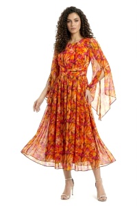 Rochie 'Celeste' din mătase naturală cu imprimeu floral în nuanțe orange