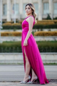 Rochie 'Christine' magenta din tafta cu decupaj - Img 2